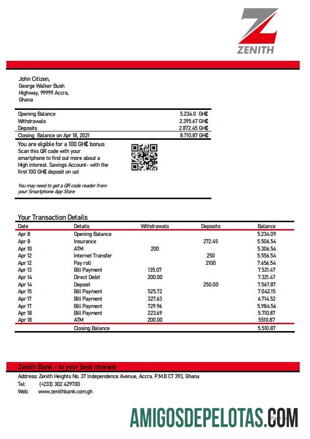 Modelo de extrato bancário de comprovante de endereço Zenith de Gana